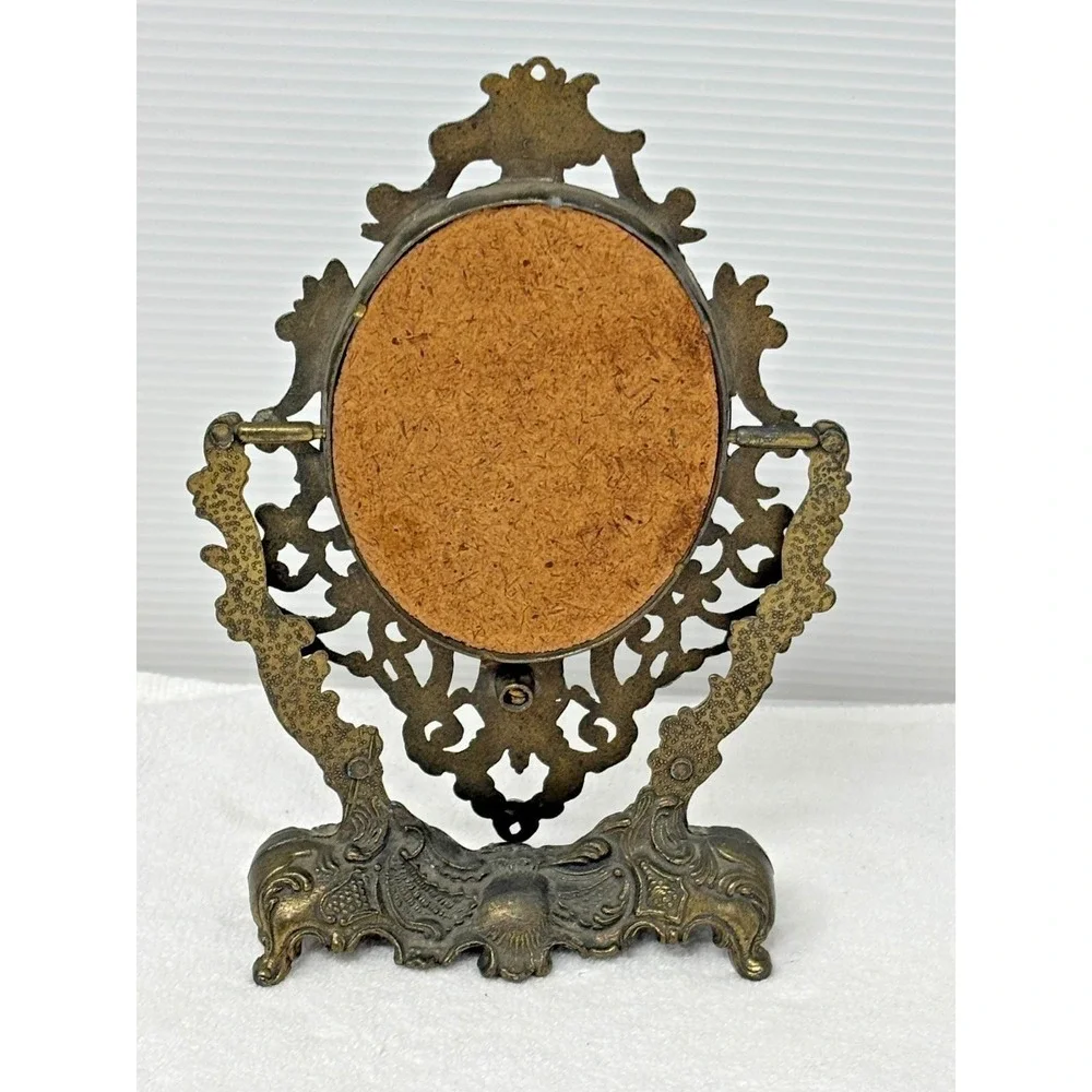 Vtg Ornate Cast Metal Vanity Mirror Tabletop Rococo Victorian Style Brass Finish